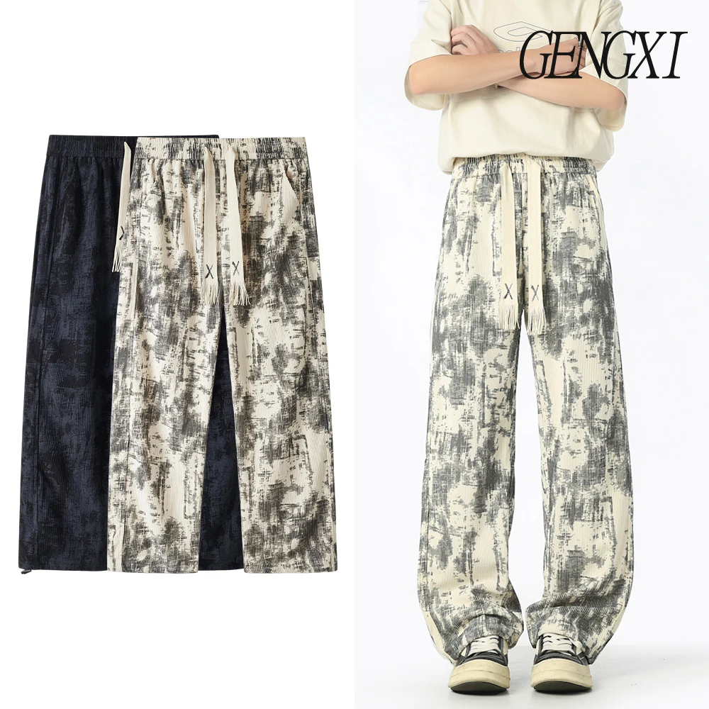 

2025 new men's tie-dye design high street straight casual trousers elastic waist drawstring drape trousers Korean trend men's
