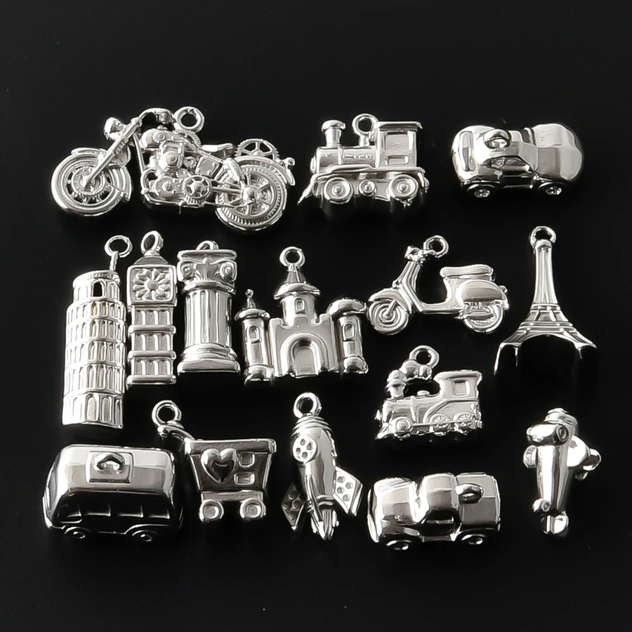 10Pcs Silver Plated Stainless Steel Charms Vehicle Landmark Building Pendant Motorcycle Train Bus Leaning Tower Big Ben Pendants