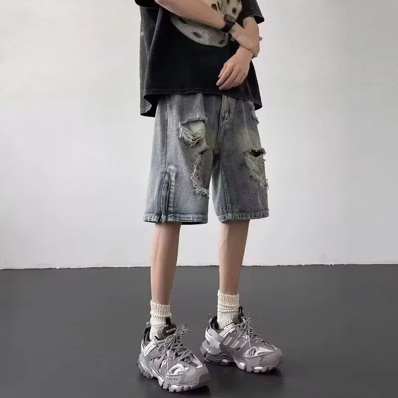 Summer Vintage Washed Ripped Denim Shorts Men's Loose Fit Five-Quarter Length Cotton Straight Leg No Stretch Youth Casual Shorts