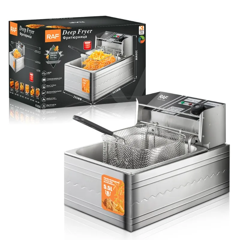 110/220V Commercial Deep Fryer 2500W Electric French Fries Fryer Large Capacity 5.5L Stainless Steel Countertop Single Oil Fryer