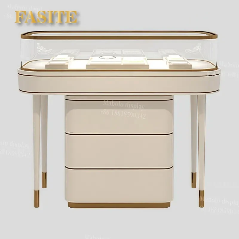 For 2026 New White Light Wooden Jewelry Display Cabinet Professional Glass Bead Showcase Light Luxury Style Home Store Use