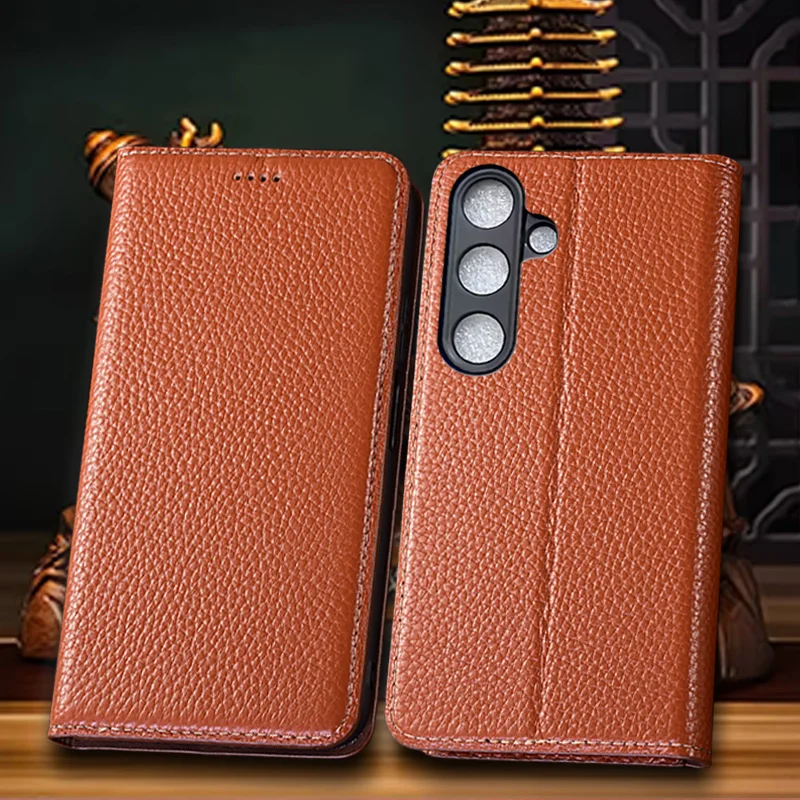

Genuine Leather Case For Samsung A14 A15 A16 A24 A26 A34 A35 A36 A53 A54 A56 A73 A37 A57 4G 5G Large Lychee Pattern Flip Cover