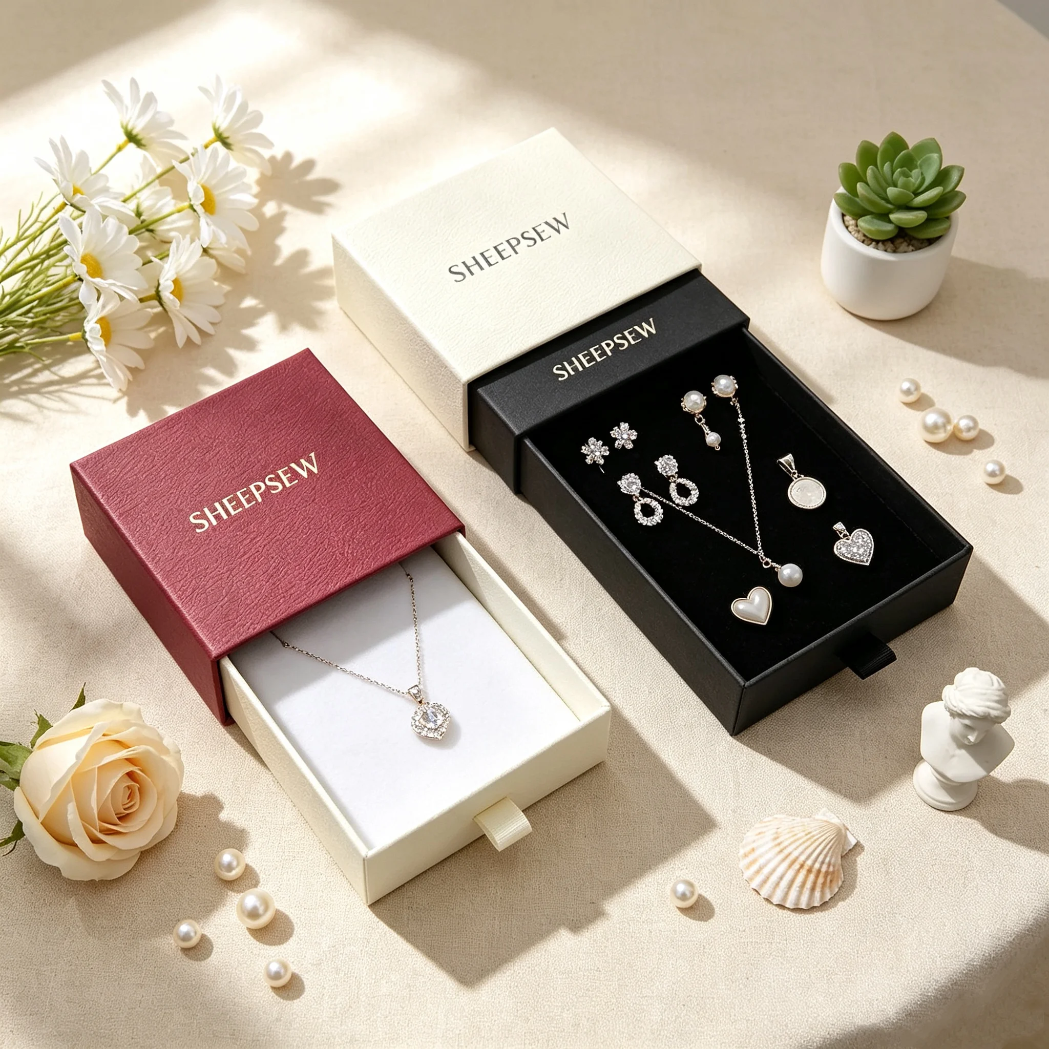50pcs Sheepsew Exquisite Jewelry Box Custom Logo Jewelry Necklace Earrings Drawer Packaging Jewelry Box