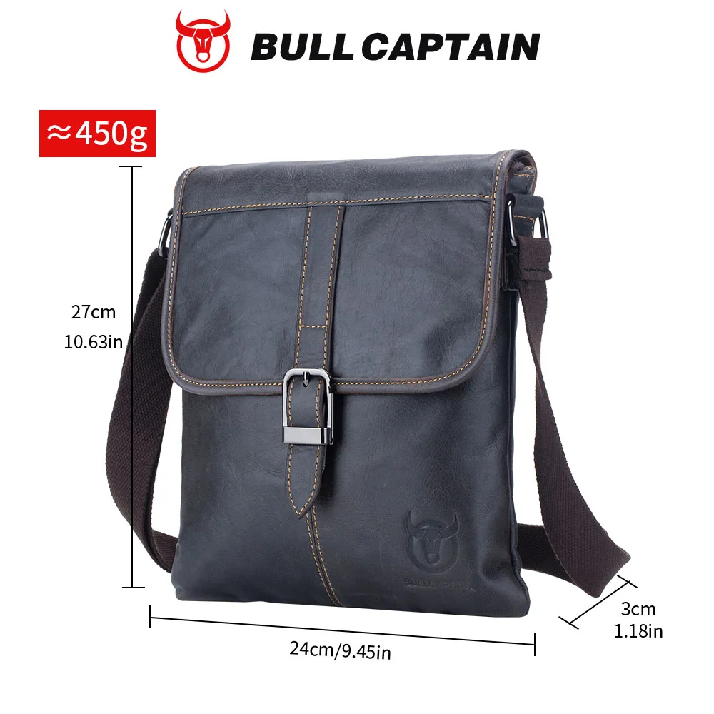 BULLCAPTAIN Men's Leather Shoulder Slung Casual Sports Outdoor Soft Head Layer Leather Trend Business Small Flat Bag