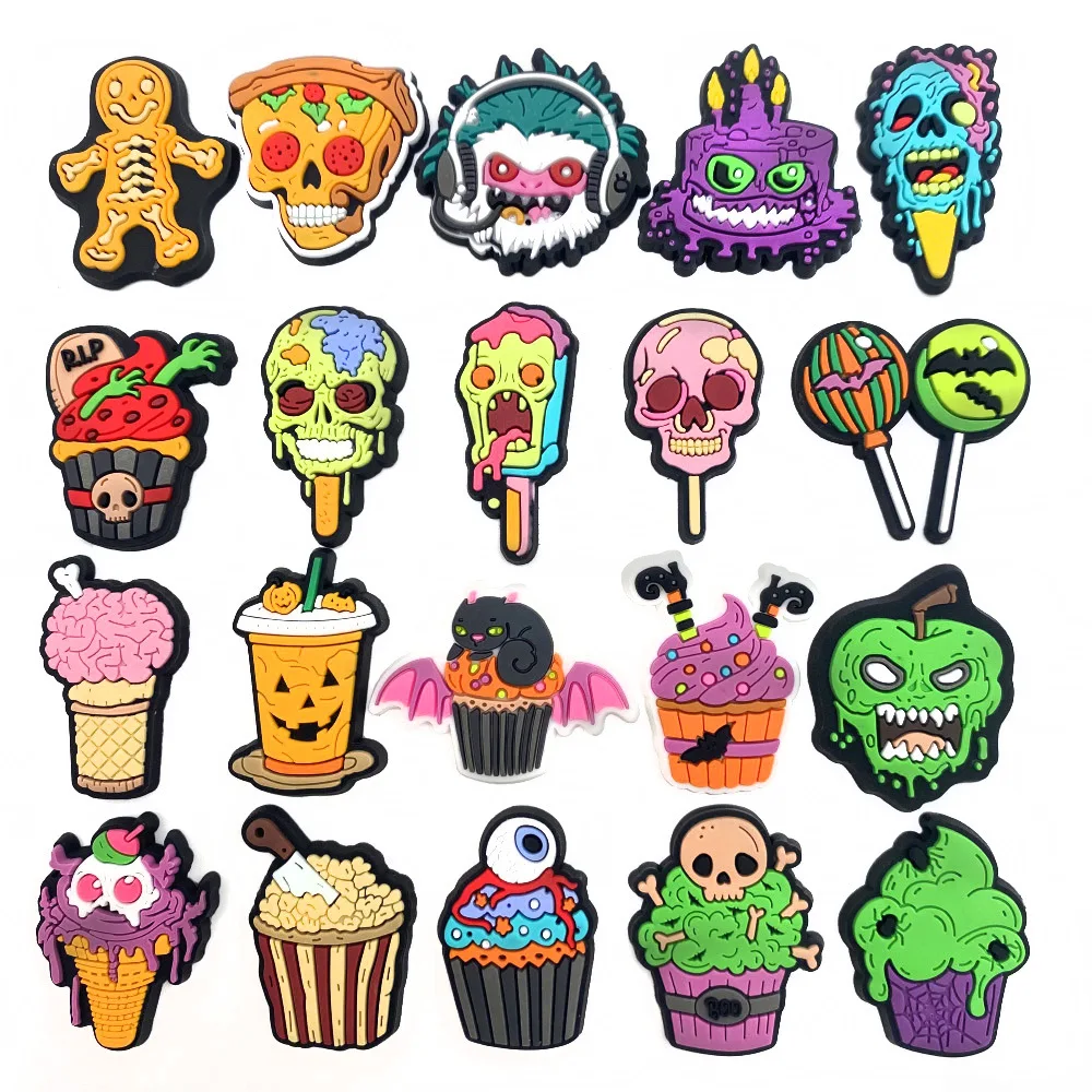 Breloques fantaisie d'Halloween pour chaussures, en PVC souple, amovibles, décorations pour sabots, crâne d'horreur, crème glacée, cupcake, ornements DIY pour sandales et chaussures ﻿