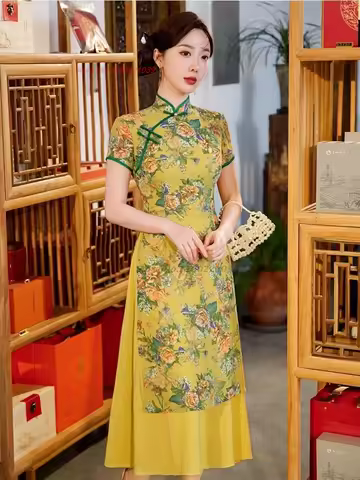 2026 chinese improved qipao dress vintage flower print vietnam ao dai dress retro party dress oriental banquet evening dress
