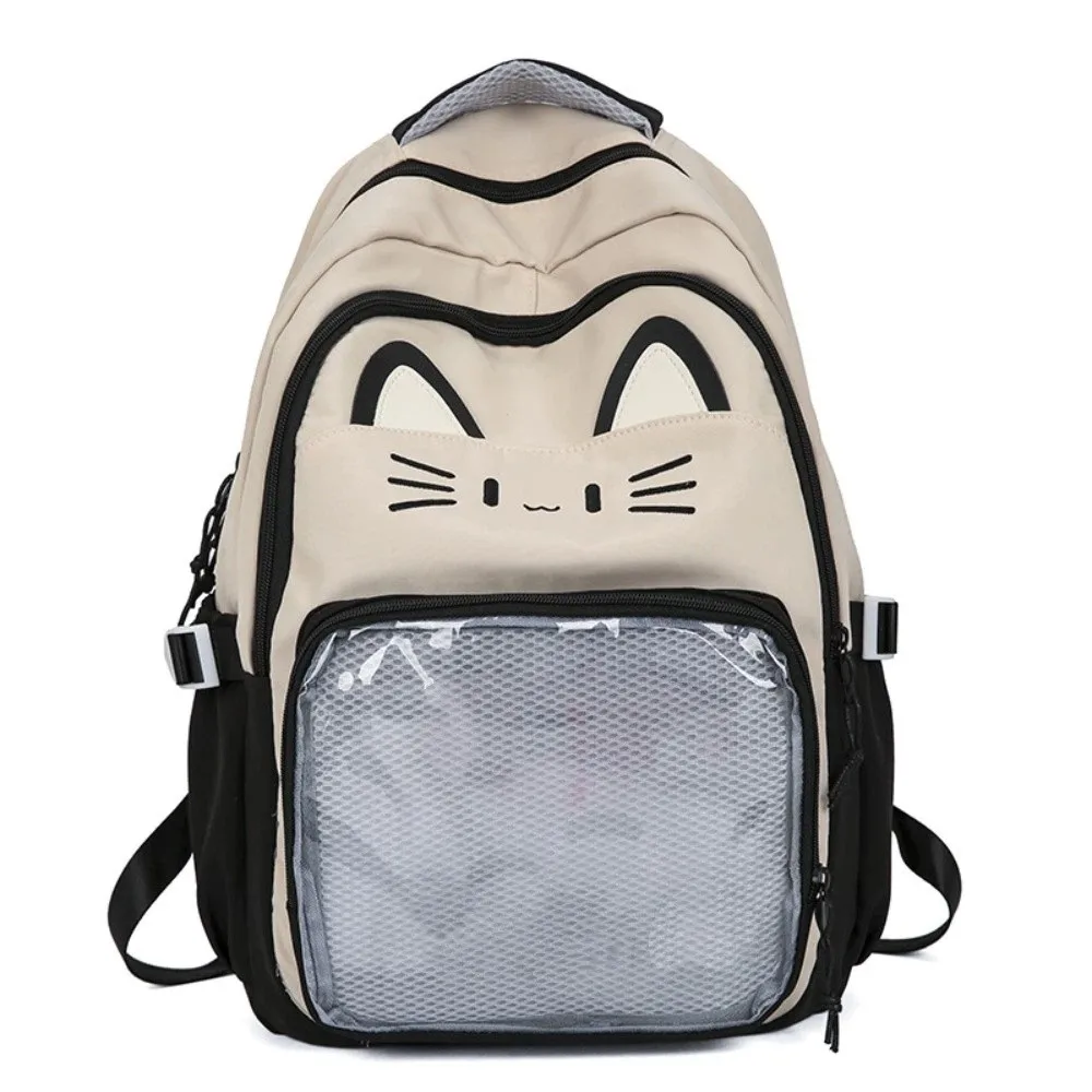 Tas Ita Bordir Kartun Modis Gaya Preppy Kapasitas Besar Saku Transparan Tas Sekolah Siswa Wanita Motif Kucing Lucu