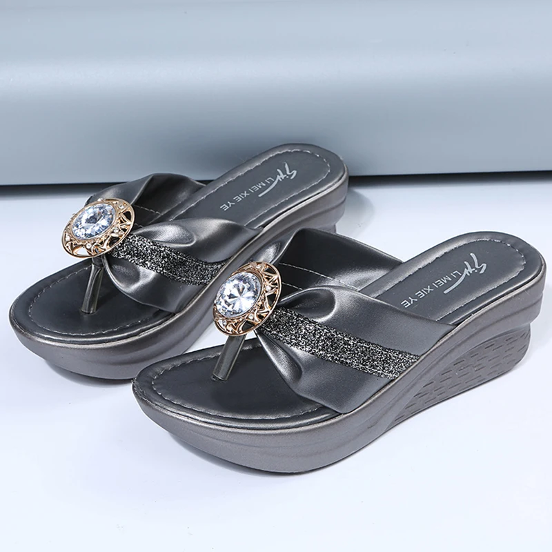 Lucyever Fashion Gold Wedges Slippers for Women 2023 Sequins Rhinestone Clip Toe Sandals Woman Summer Platform Slides Shoes