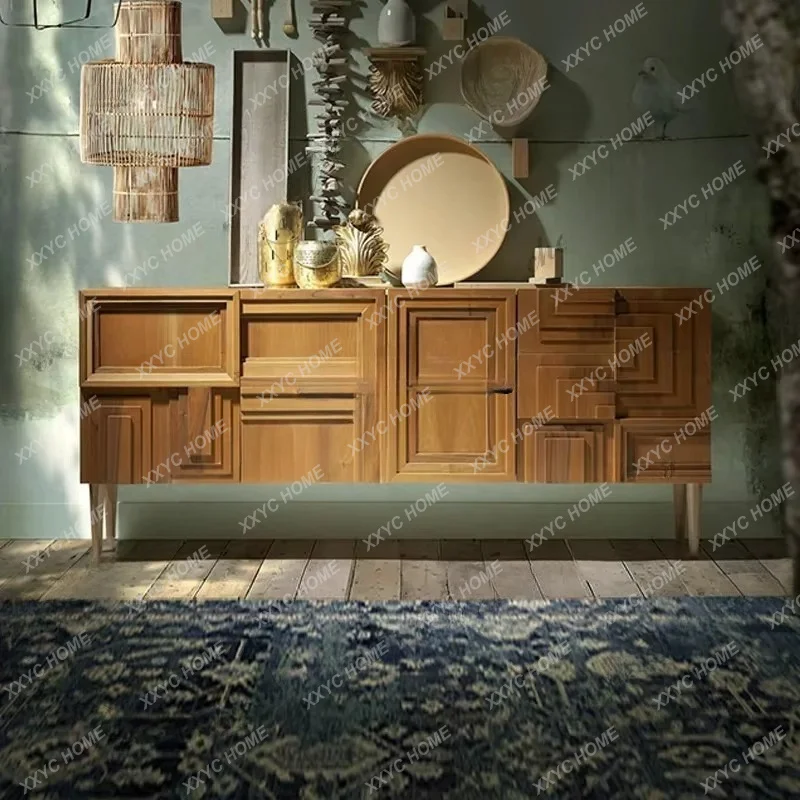 XMedieval solid wood dining side cabinet, household living room storage locker, retro design sense, hand-carved entrance cab