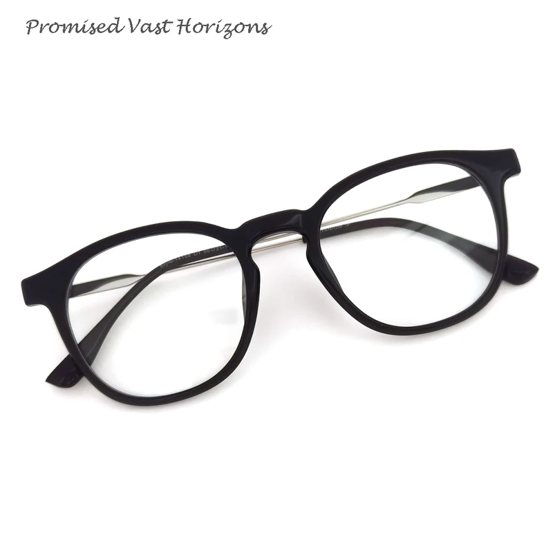 

Fast Shipment Unisex Fashion Asian Style Shiny Black Acetate Front with Shiny Silver Titanium Temples Eyewear Optical Frames