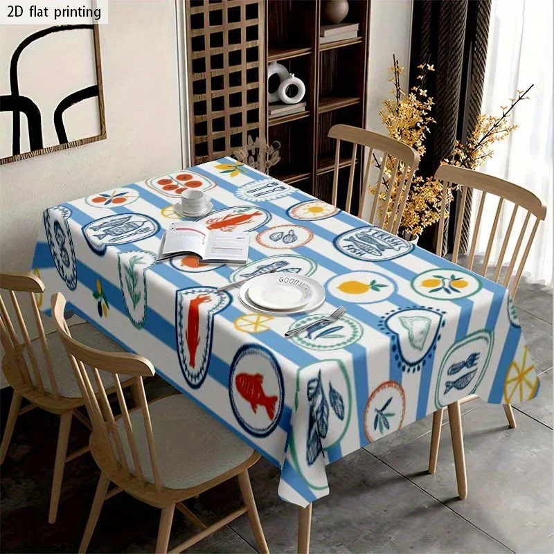 1pc Soft and fashionable 2D flat tablecloth, machine washable and easy to clean, with ocean-themed tableware pattern.yzb