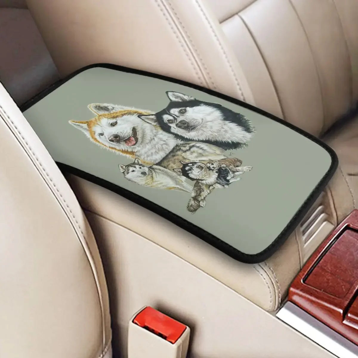 Four Seasons Car Armrest Cover Mat Husky Cool Breathable Center Console Protective Cushion Pad Cute Dog Auto Interior