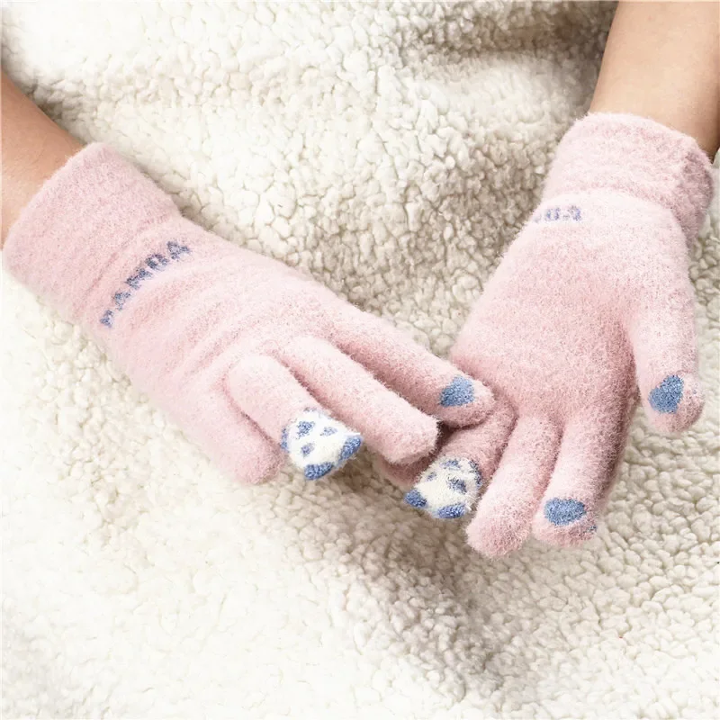 Luvas de malha femininas luvas espessadas panda dedo tela sensível ao toque luvas de ciclismo da moda inverno quente novo estilo