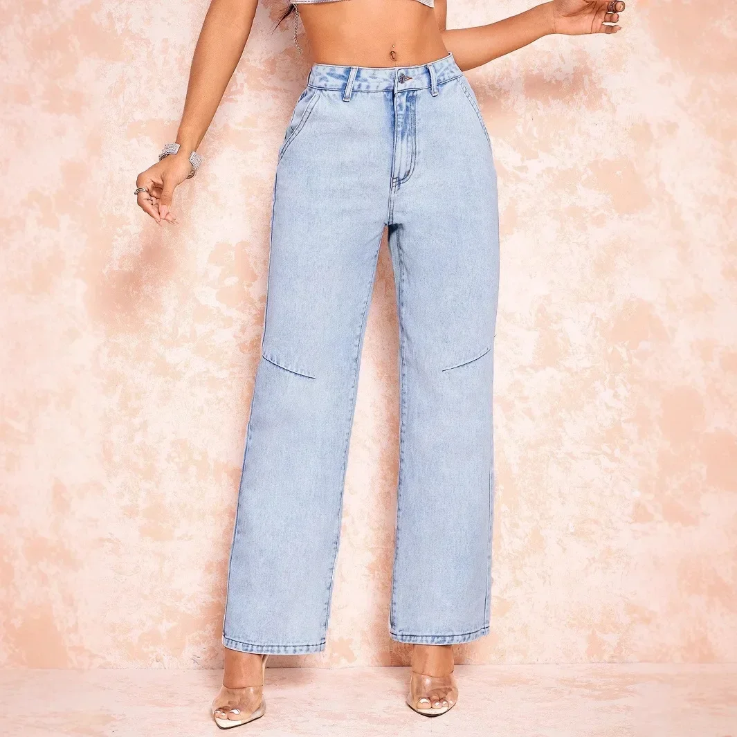 

Women Jeans Straight Pants Mid Waist Pockets Button Basics Denim Ankle Length Trousers 2025 Autumn Female Casual Vintage Denims