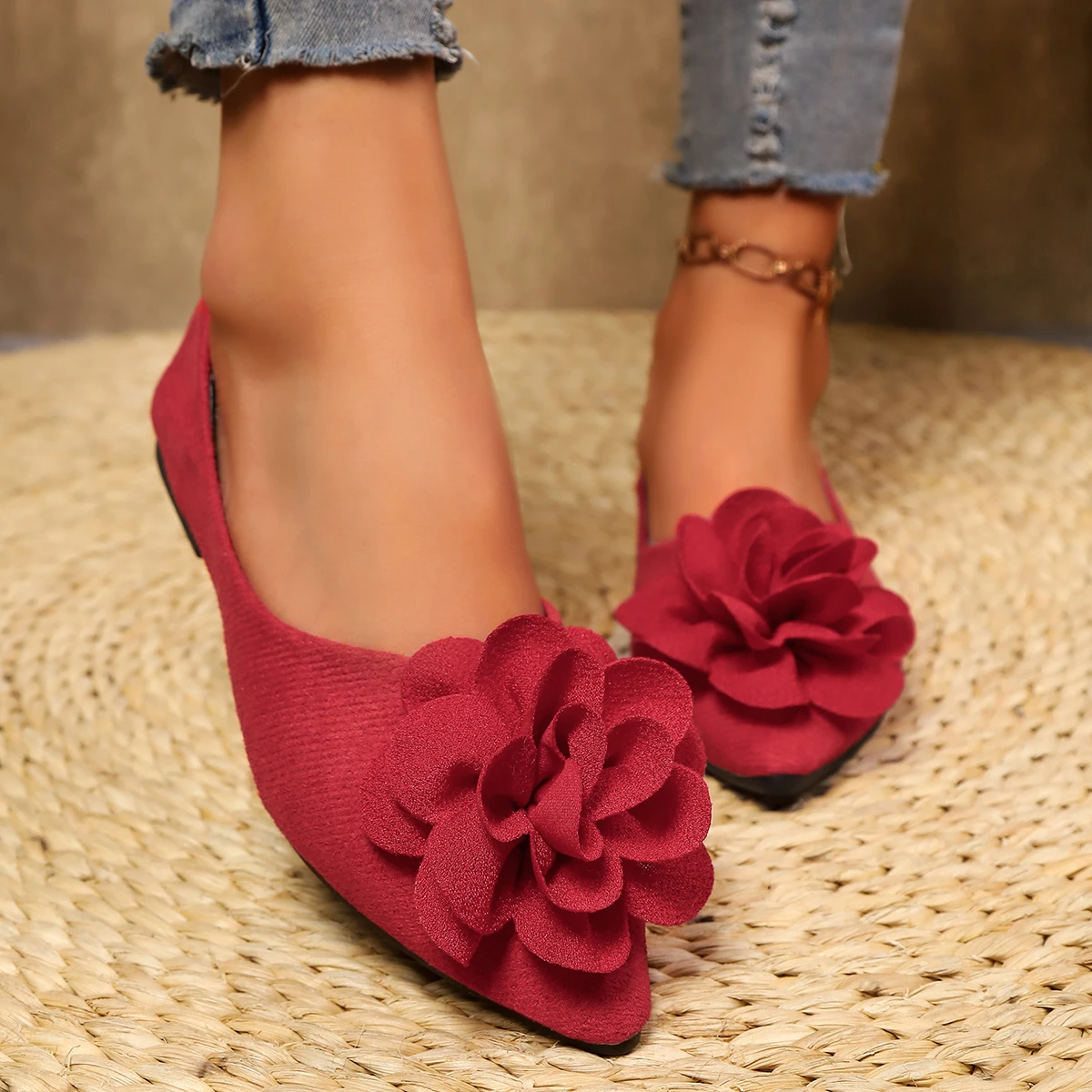 2025 primavera nuevos zapatos planos puntiagudos para mujer moda Casual flor zapatos individuales Mary Jane mocasines de gran tamaño