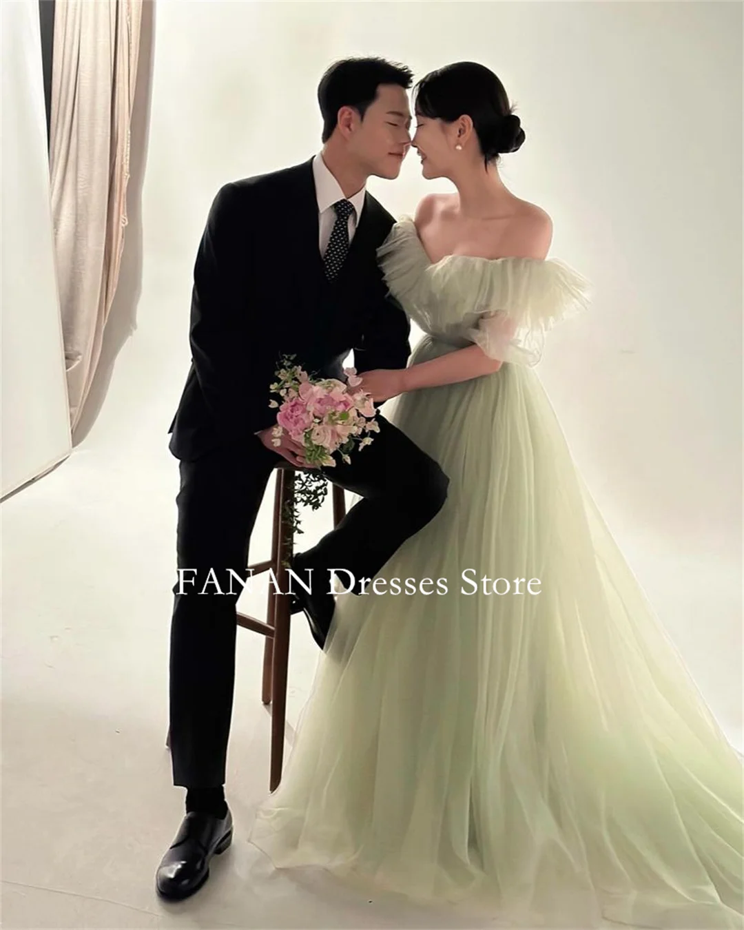 

FANAN Off the Shoulder Evening Party Dresses Tulle Corset Korea Green Ruched Wedding Women Gowns Event Prom Gowns Customized