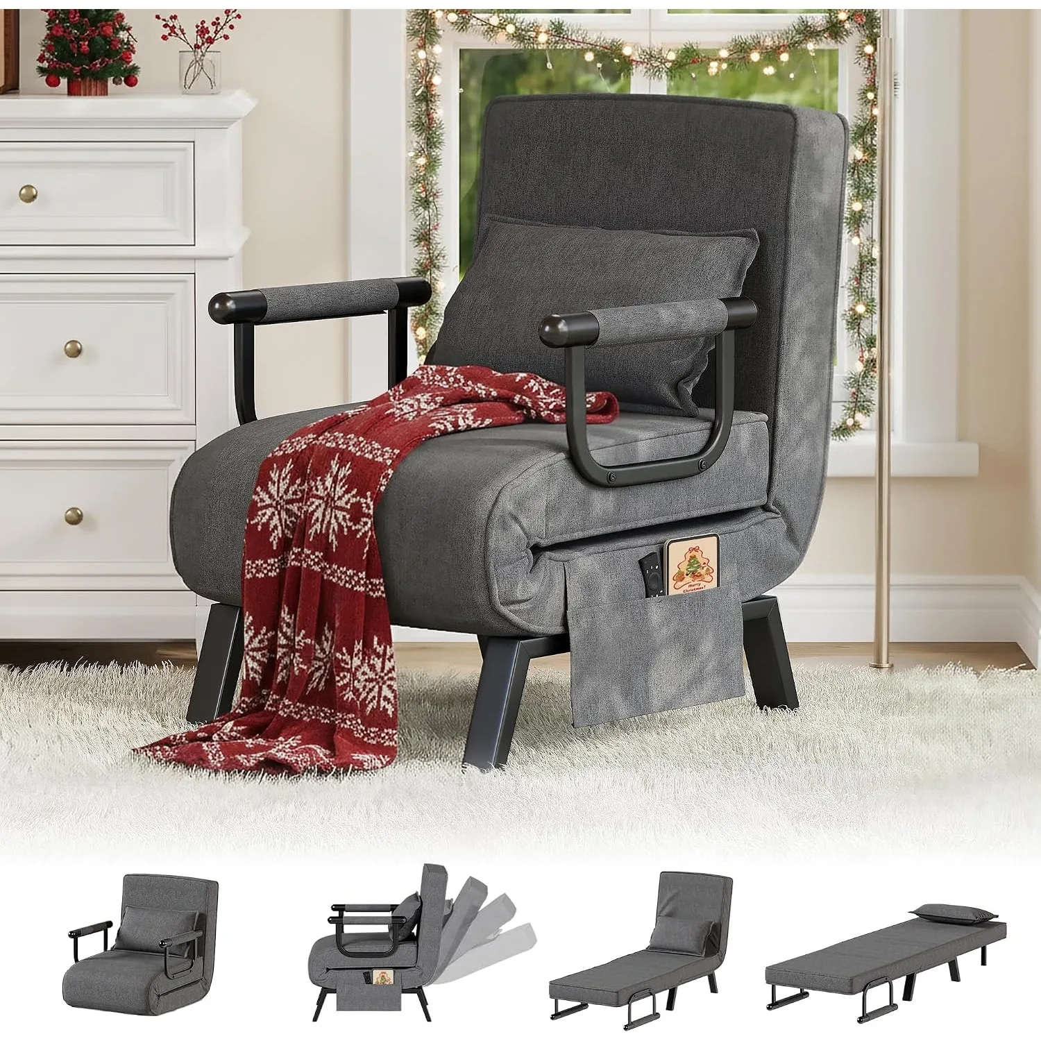 Sleep Chair Bed, Sleeper Chair, Small Folding Sofa Bed, Dark Grey | Comfy, Cozy, Convertible, 5 in 1, Customized