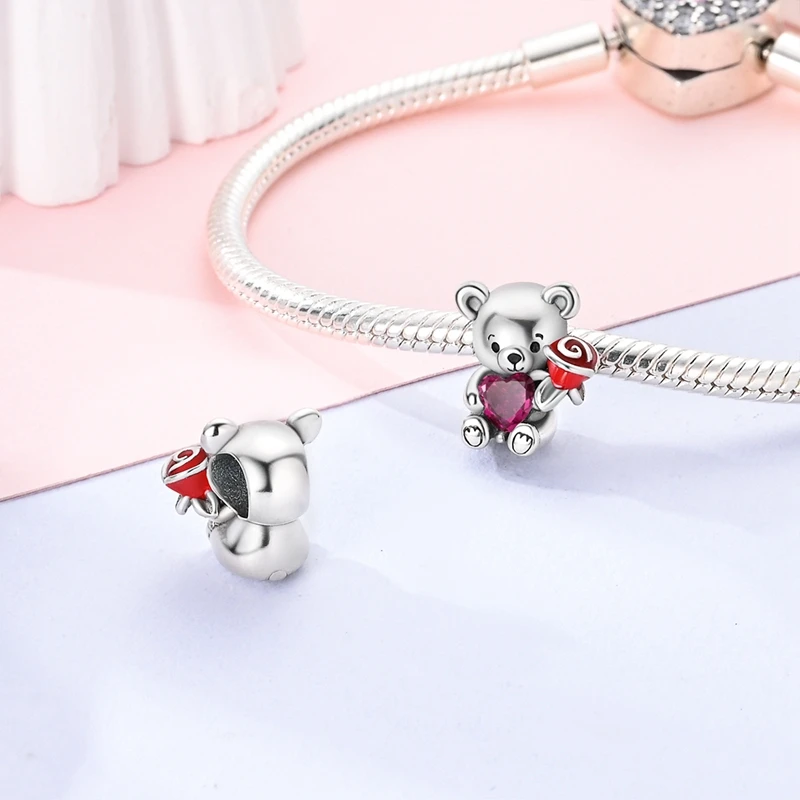 Charms Silver 925 Sweet Little Bear Rose Pollen Heart Beads Fit Charms Plata 925 Original Bracelet Women Jewellery Making Gifts