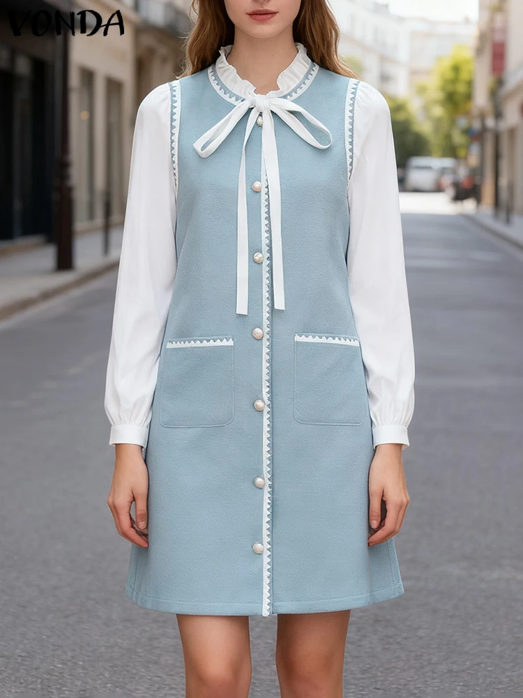VONDA Elegancka Sukienka Biurowa Damska 2025 Jesień Patchworkowa Casualowa Mini Sukienka Letnia Długi Rękaw Modna Bandage OL Sukienka na Imprezę Vestidos