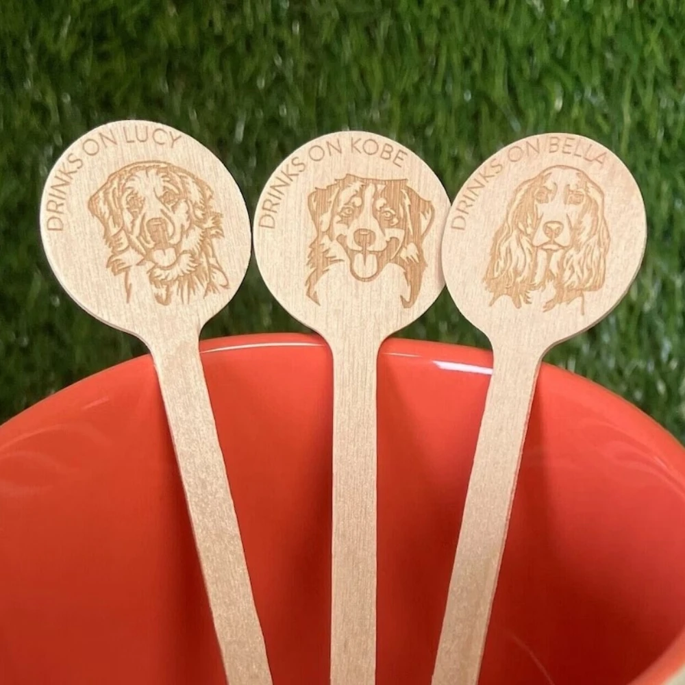 

Set of 50 Signature Dog Drink Stir Stick, Drinks on Me, Wood Engraved Cocktail Sticks,Wedding Drink Sticks,Send YOUR Dog’s Image