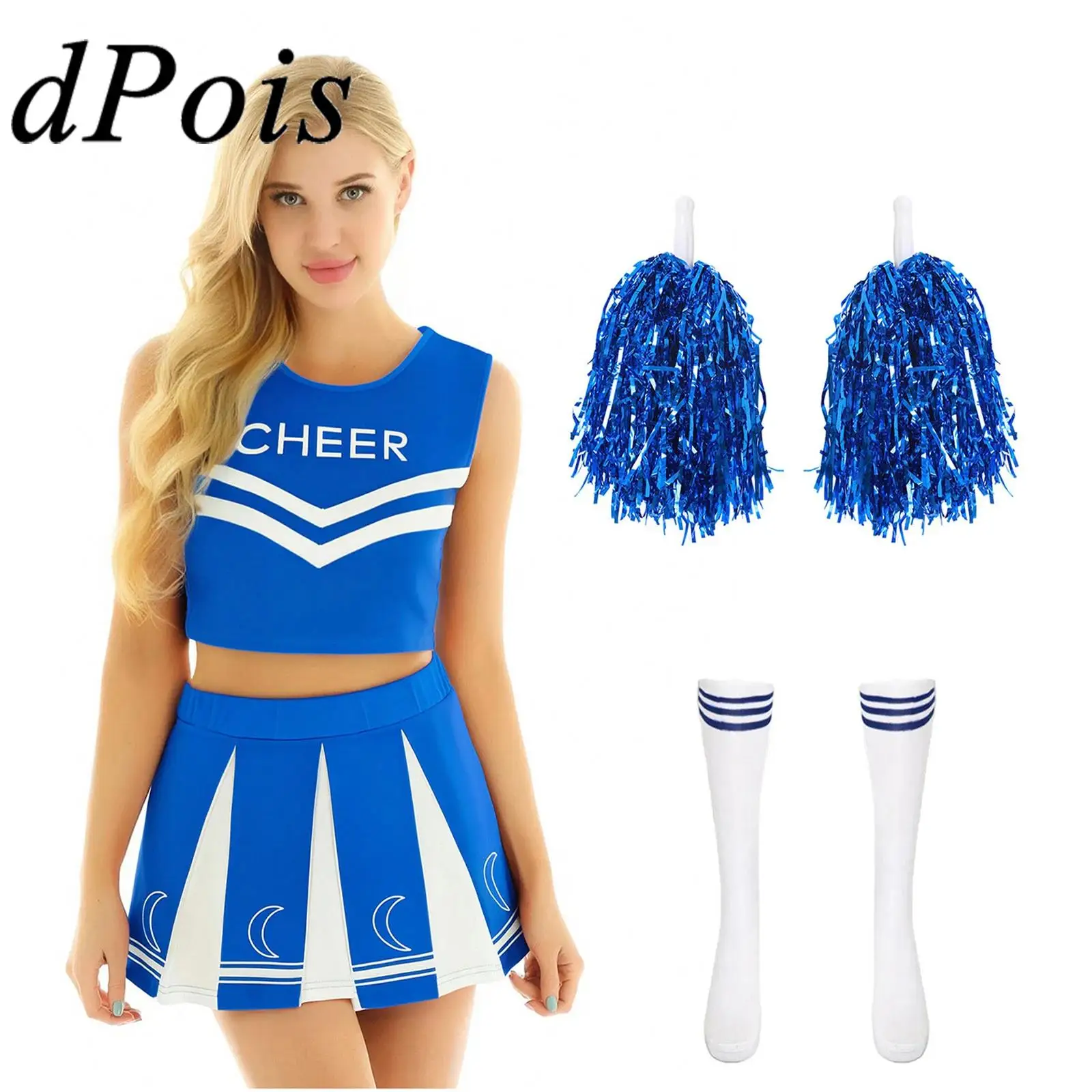

Womens Cheerleader Cosplay Costume Cheerleading Uniforms Crop Top Pleated Skirt Socks Hand Flowers Cheering Team Roleplay Sets