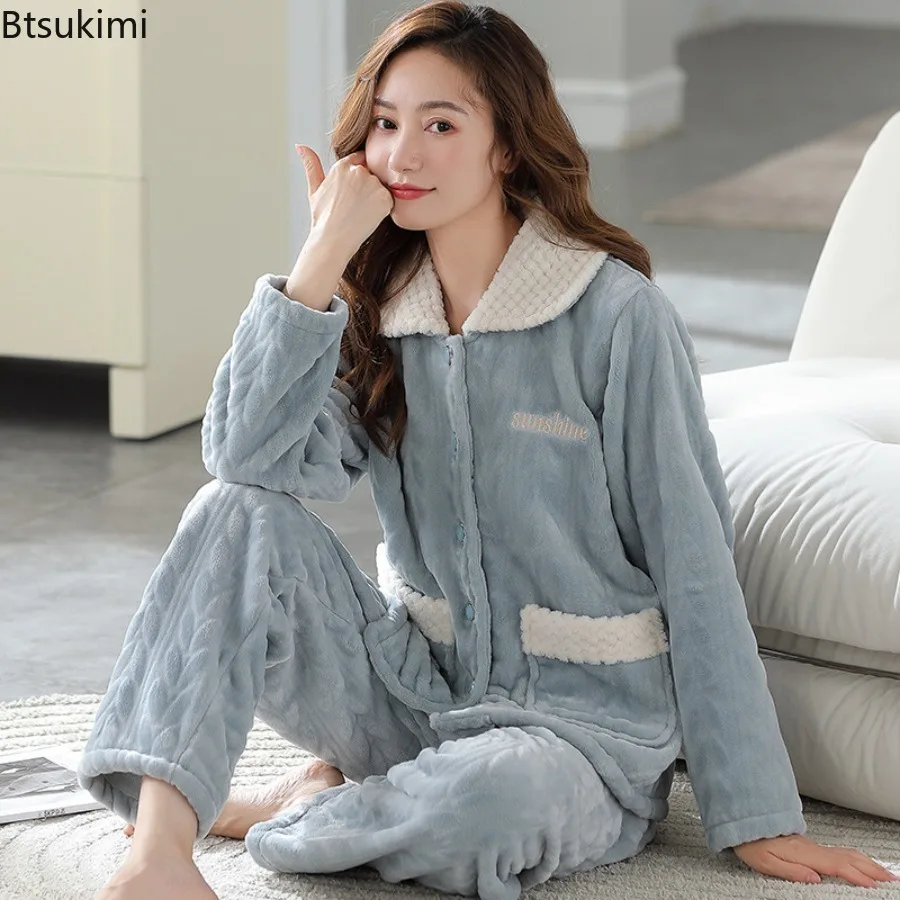 

Женские пижамы на осень-зиму, утепленный коралловый флис с добавлением флиса для тепла, новый фланелевой домашний костюм, можно носить на улице