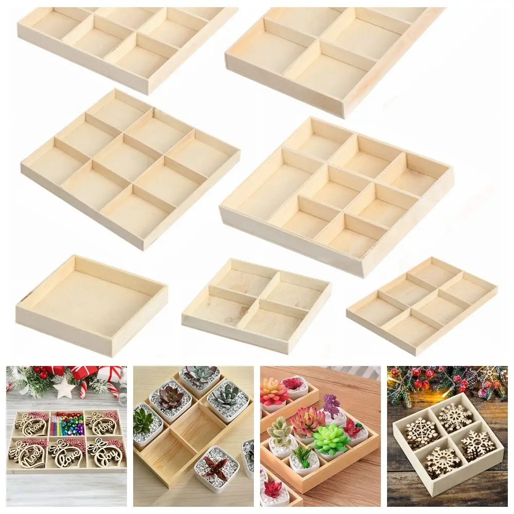 Wooden Multi Grid Storage Box Flowerpot Wood Tray Desktop Organizer Cosmetic Tool Storage Bonsai Holder Plant Pot Divided Drawer