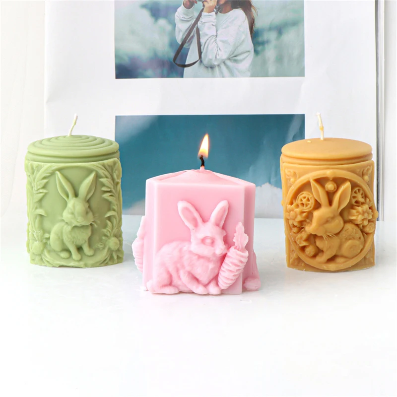 Flower Bunny Carrot Patterned Cylinder Silicone Candle Mold Cute Embossed Rabbit Bunny Aromatherapy Candle Making Plaster Mould