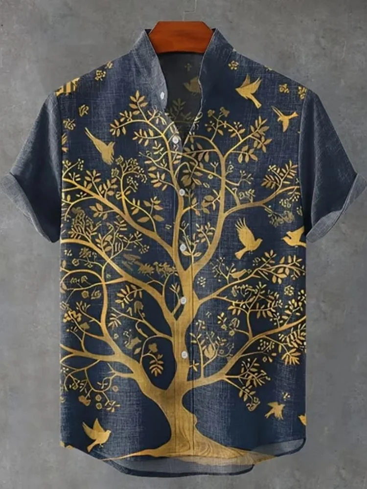 

Новинка 2025 года, мужская повседневная рубашка с рисунком дерева, винтажные удобные блузки на пуговицах с короткими рукавами, богемные туники, быстрая доставка