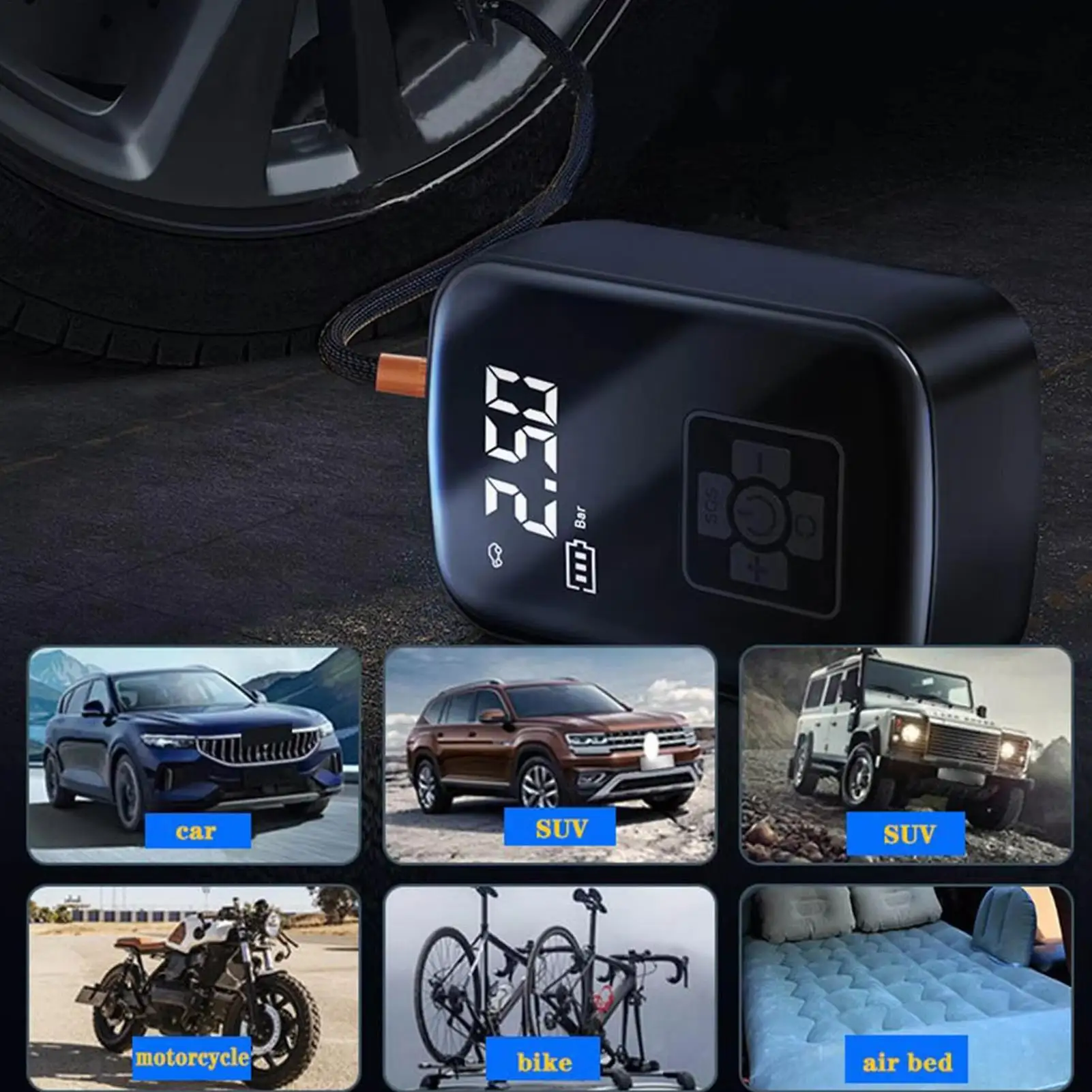 

For Car Car Tire Inflator With LED Lights Pressure Gauge Cordless Tire Inflator Portable Air Compressor For Bike Scooter