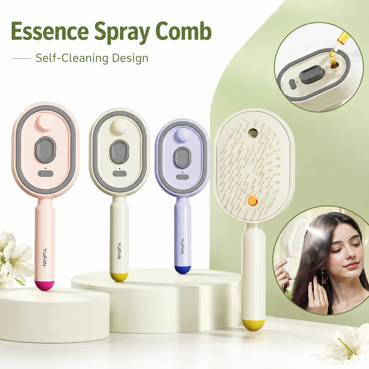 

Electric Spray Hair Comb Air Cushion Massage 3 in 1 Self Cleaning Steam Essential Oil Brush Rechargeable Anti Static