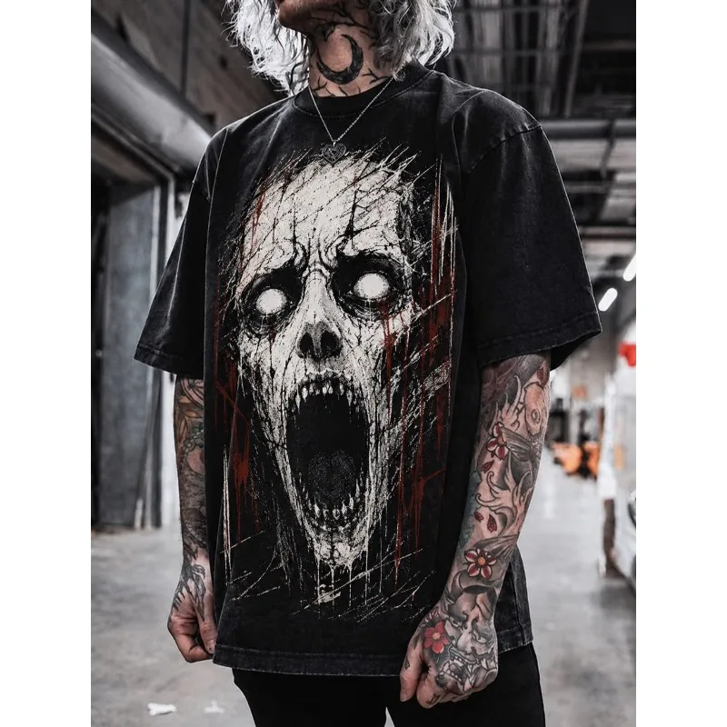 Men's Loose Retro Horror Skull Pattern T-shirt for All Seasons, Unisex Retro Punk Style T-shirt