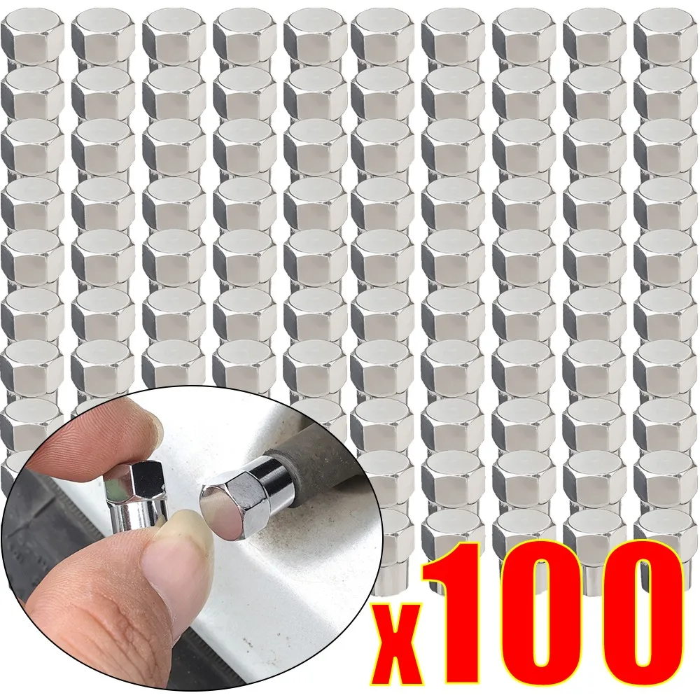 10/100PCS Universal Flat Head Valve Cap Plastic Silica Gel Hexagonal Chrome Plated Dust Cap With Washer Car Tire Valve Cover