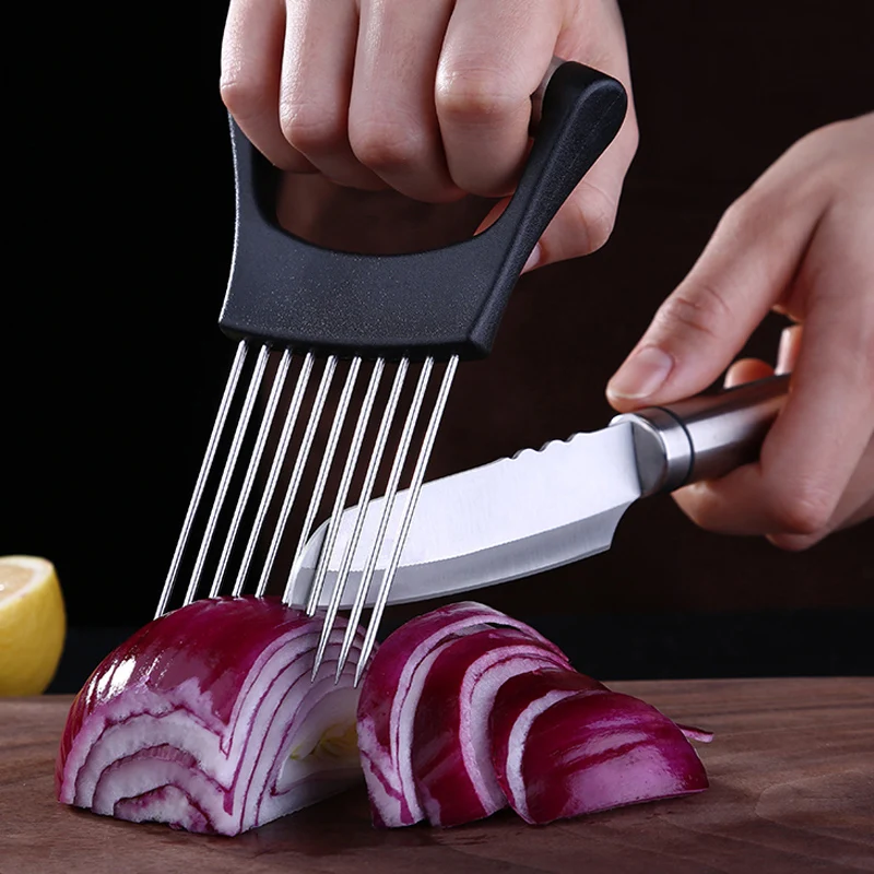 

Stainless Steel Onion Cutter Holder Food Slicers Assistant Tomato Onion Slicer Holder Vegetables Cutting Fork Kitchen Gadgets