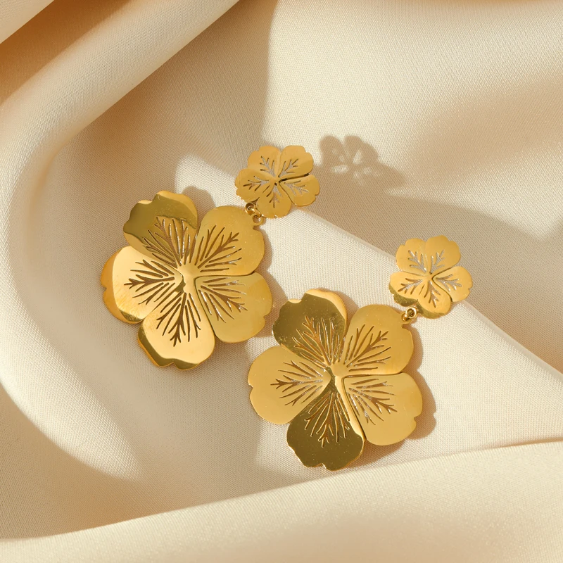 EILIECK 316L Stainless Steel Gold Color Flower Drop Earrings For Women Fashion Ear Dangle Waterproof Jewelry Holiday Gift Bijoux image 4