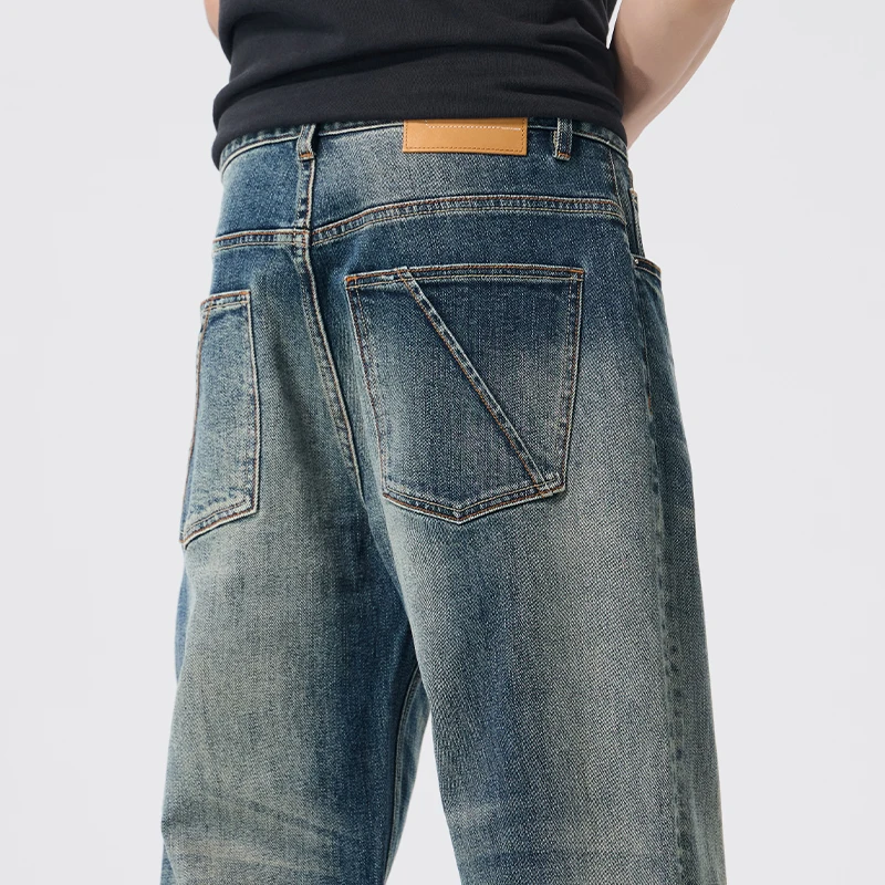 

Male Jeans Spring High Street Cleanfit Baggy Straight Jeans Stretch Vintage Washed Patchwork Pocket Premium Denim Trousers