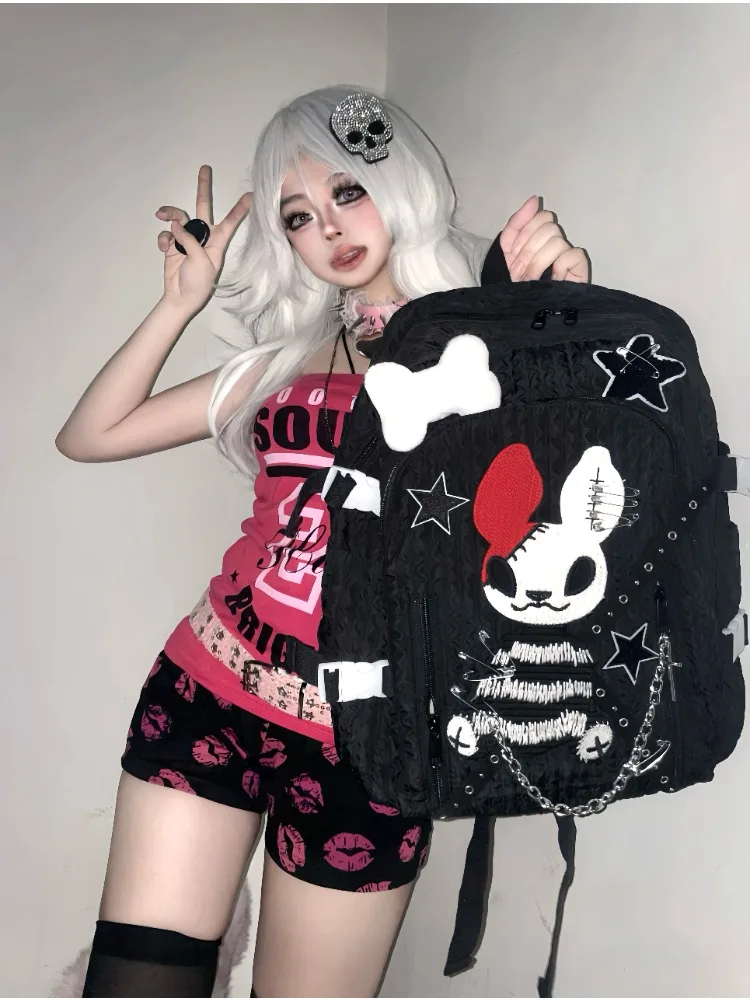 original handmade Devil Rabbit School Bag Cross Chain Star Bone Pin Backpack