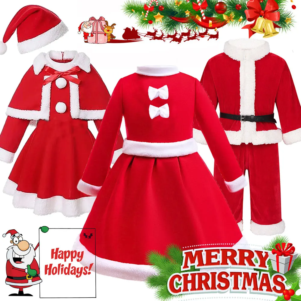 2025 New Year Festival Clothing Set St Nicholas Dress with Hat for Girls Boys Christmas Santa Claus Cosplay Suit Xmas Party Wear