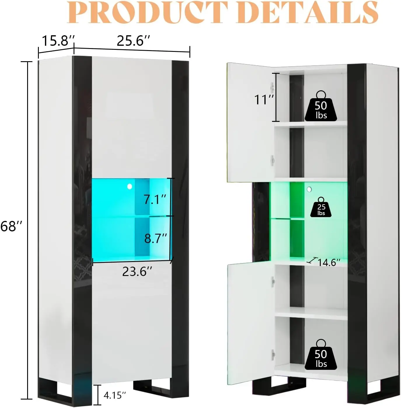 Modern Set of 2 Bookcase,LED 68in Storage Cabinet with 6 Tiers for Storage & 3 Adjustable Shelves,High Glossy Display Case,White