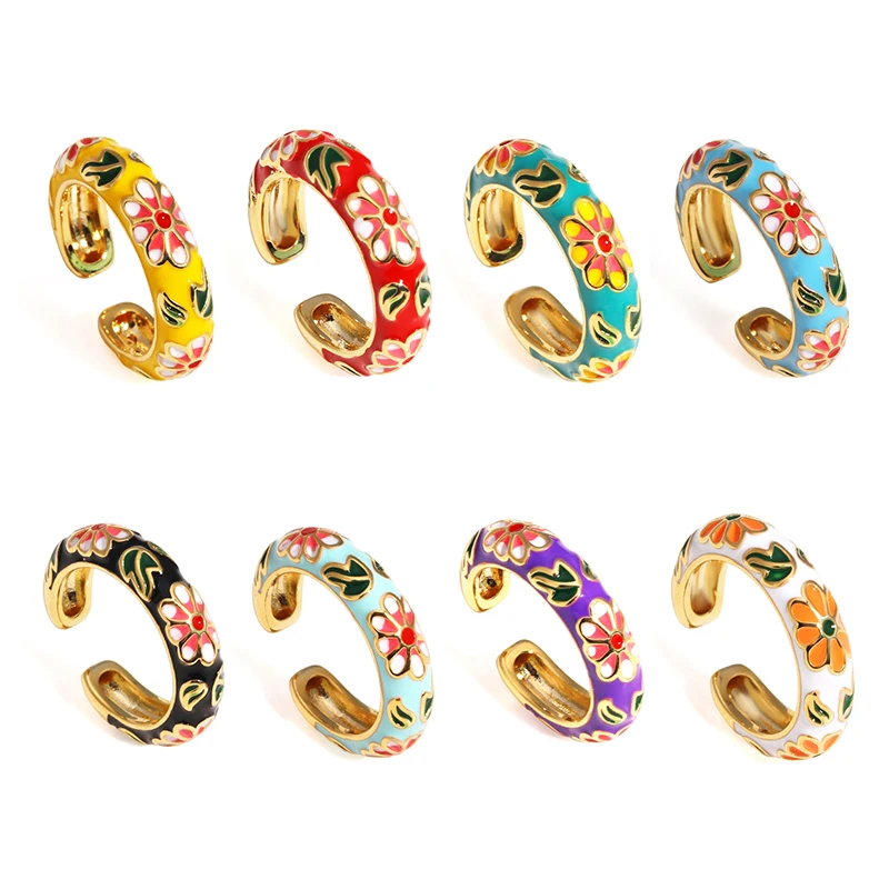 خمر الملونة المينا زهرة خواتم العصرية هندسية الإناث الحد الأدنى زهرة للسيدات حفل زفاف خطوبة مجوهرات هدية