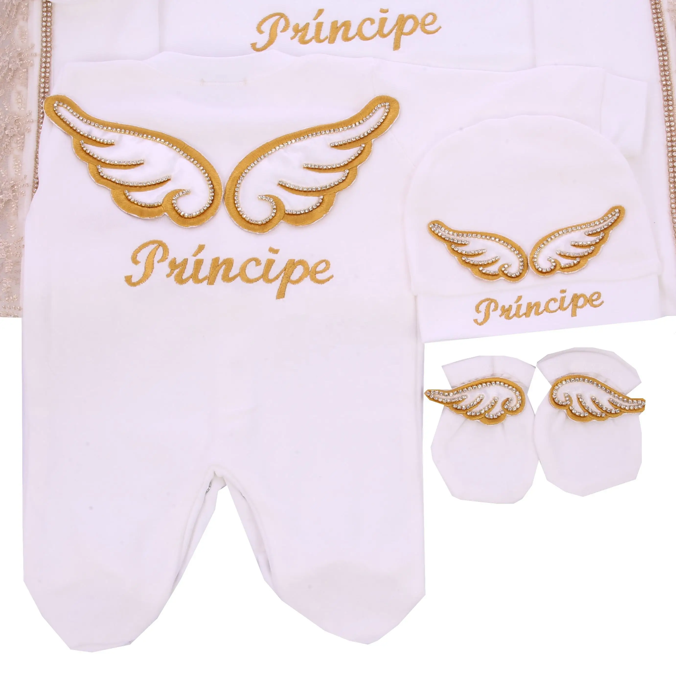 Royal Prince Theme Newborn Layette Set Gold Wing Embroidered Baby Romper Hat Booties Mittens Blanket 5Pcs Baptism Gift