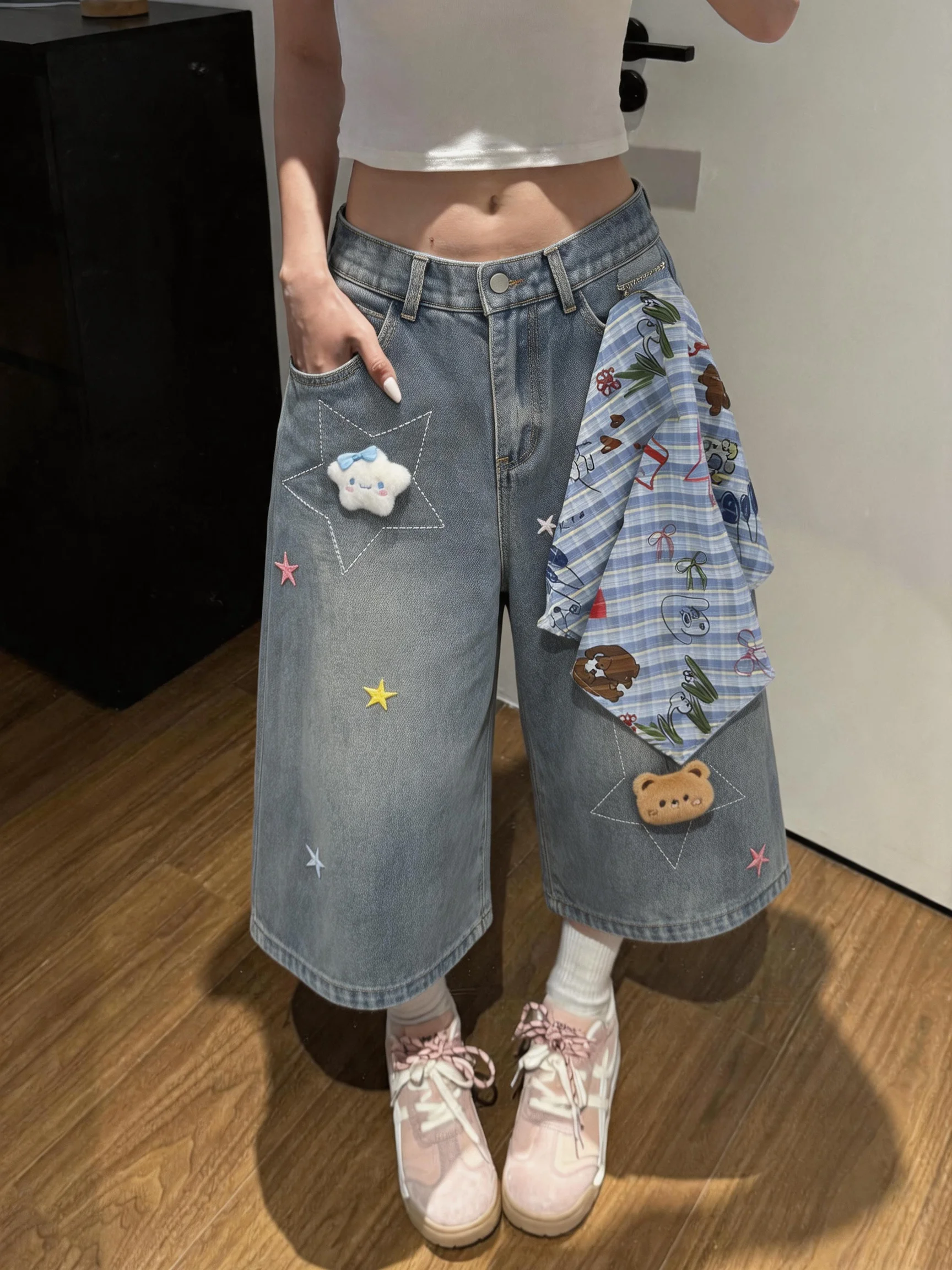

American Embroidered Bear Star Plaid Scarf Loose Men's Jeans Seven-Foot Pants High Waist Denim Casual Wear for Youth And Teens
