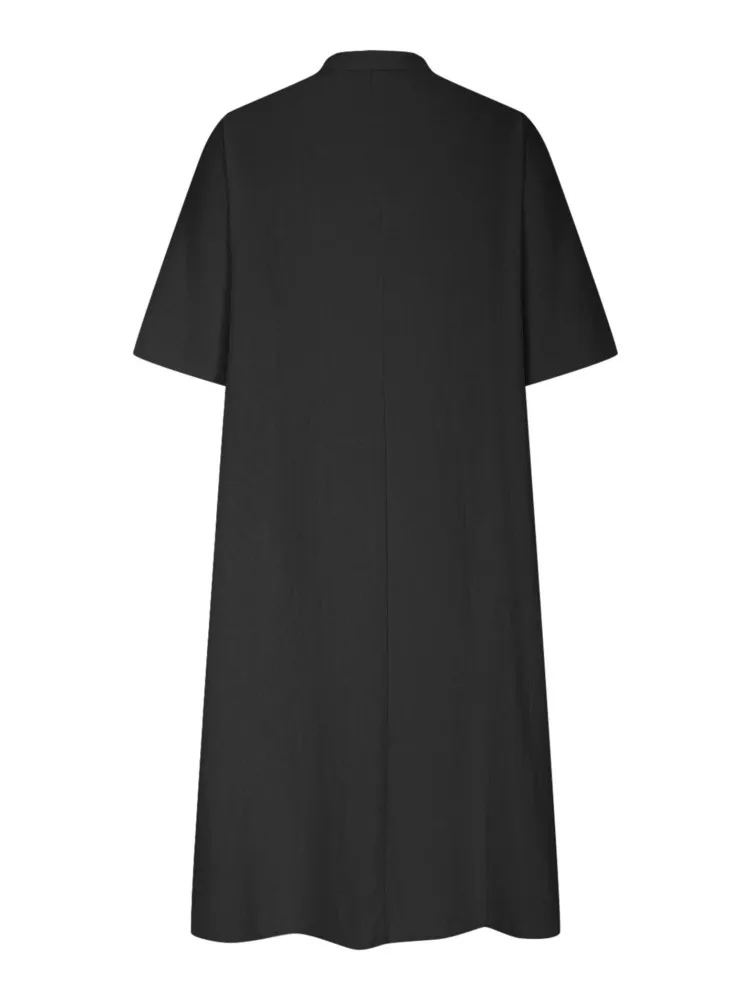 Casual Loose Cotton Long Dress Women Spring Summer 2025 Fashion Half Sleeve V-Neck Pockets Dresses Elegant Party Robe Females