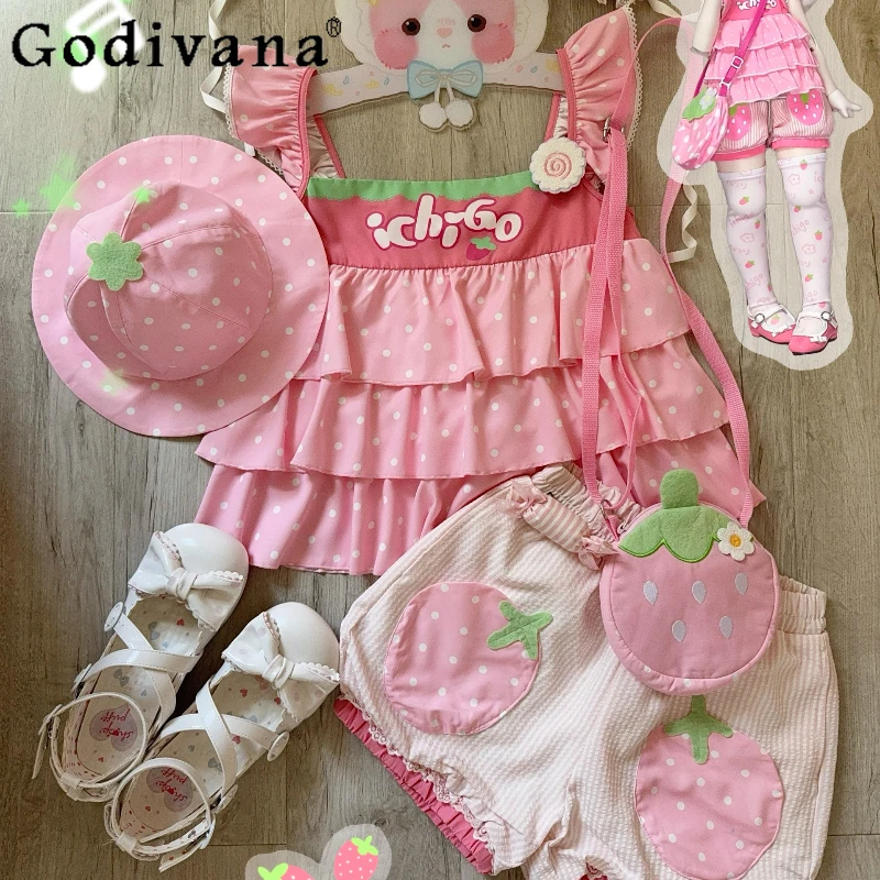 

Original Japanese Girls Sweet Kawaii Sleeveless Top Shorts Set Summer Daughter Y2K Clothes Pink Polka Dot Print T-Shirt Hat Bag