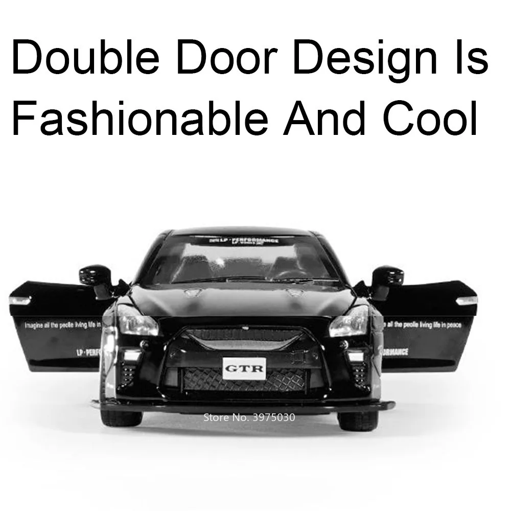 1/32 Schaal Legering Diecast Nissan GTR Sport Auto Model Speelgoed Deuren Opend Pull Back Geluid Muziek Miniatuur Voertuig Kid Geschenken Collectie