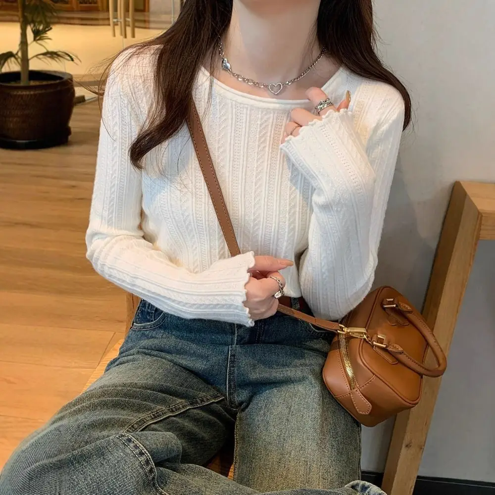 Ruffled Edge Long Sleeved Knitwear Slim Fit Bottoming Shirt Sweater Top Pullover Spring Autumn Winter Knitted Top for Women