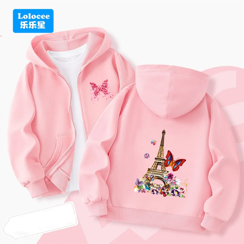 Mädchen Zip Up Hoody Sweatshirt Schmetterling Eiffelturm Print Hoodie Kinder Kleidung Kinder Baumwolle Reißverschluss Mode Jacke Mantel BLTT1