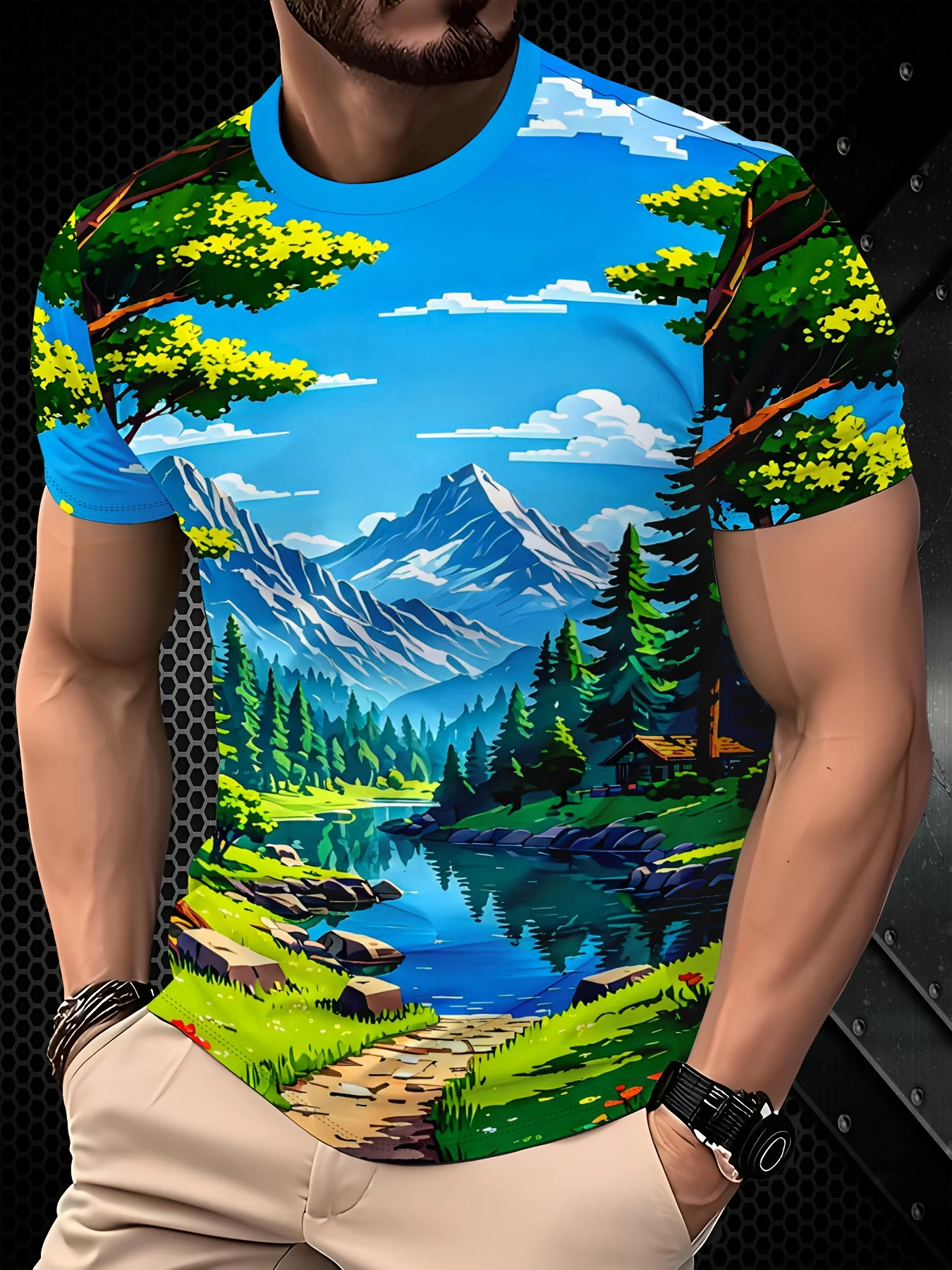 Men Japanese Mountain Lake Snow Landscape Print Outdoor Casual T Shirt