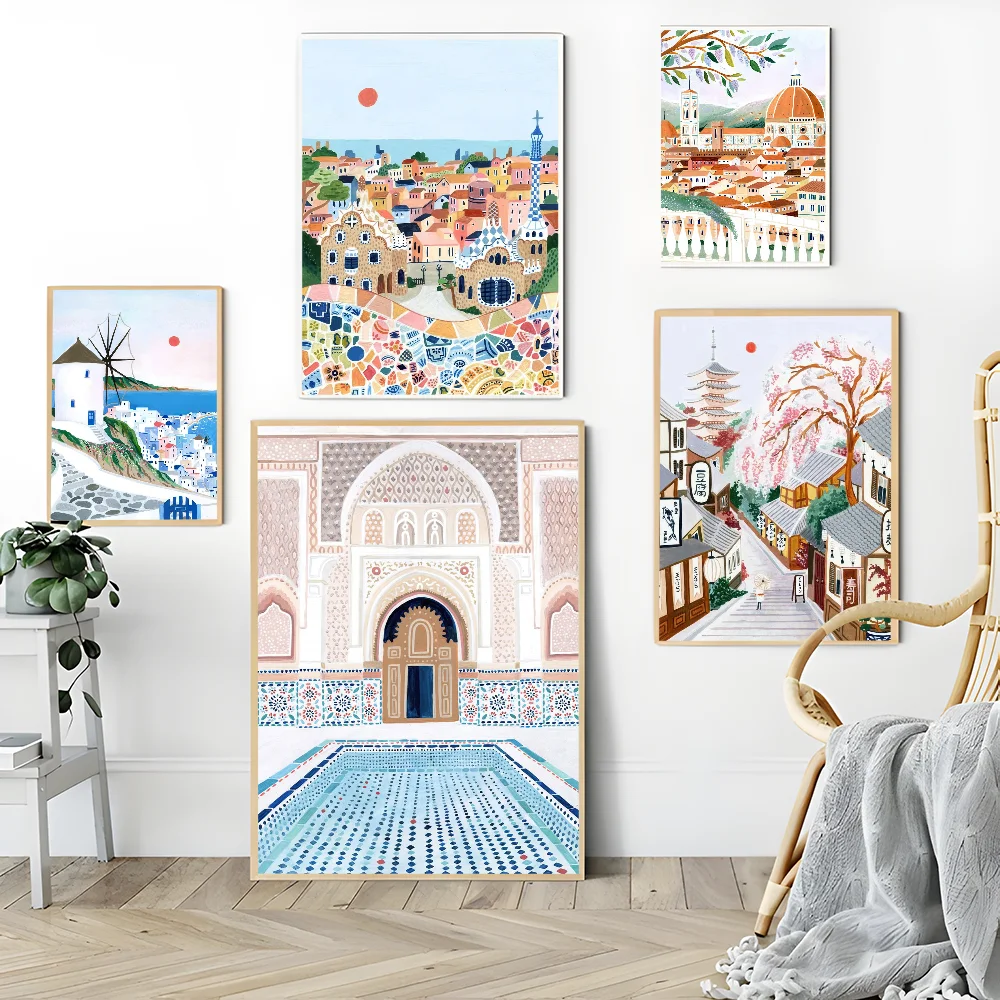 Landscape Nordic  Barcelona Santorini Positano  Poster Anime Posters Sticky Whitepaper Sticker DIY Room Bar Cafe Kawaii