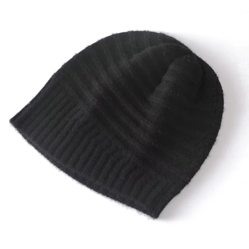 New Winter 100% Cashmere Knitted Headgears Women Keep Warm Beanie Hat High Quality Solid Casual Hedging Cap Lady Pullover Cap